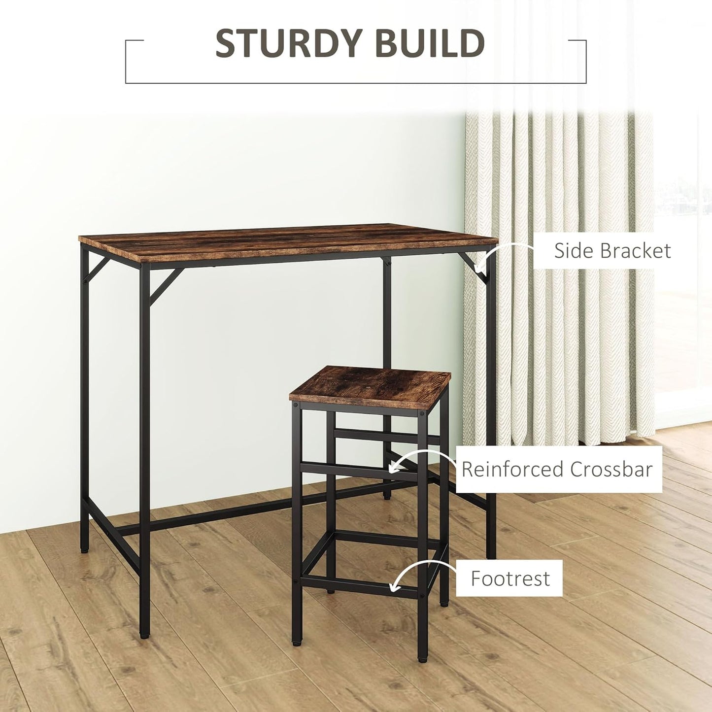 HOMCOM Industrial Rectangular Bar Table Set with 4 Stools for Dining Room, Kitchen, Dinette