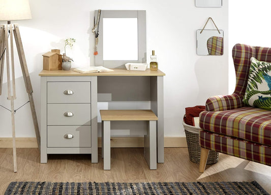 Home Source Grey Dressing Set with Mirror and Stool Jewellery Table, 3 Drawer