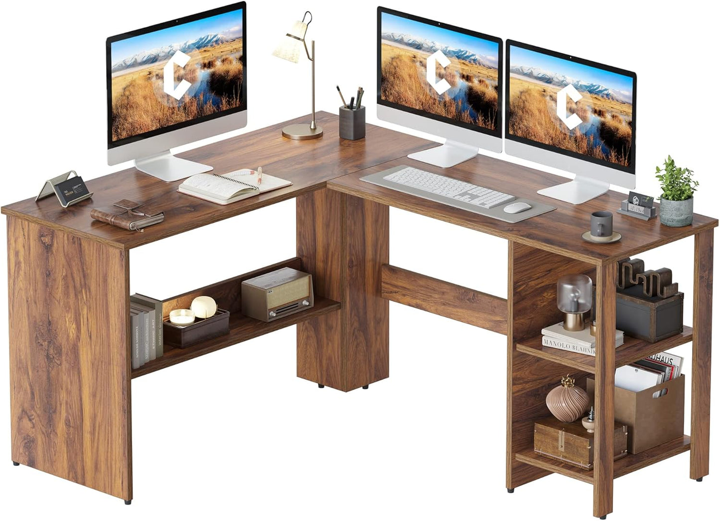 CubiCubi L Shaped Desk, Corner Computer Desk with Storage Shelves, Home Office Workstation for Study or Working, Deep Brown