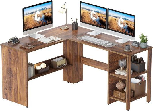 CubiCubi L Shaped Desk, Corner Computer Desk with Storage Shelves, Home Office Workstation for Study or Working, Deep Brown