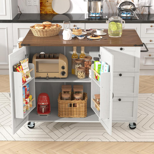 KUAKE Kitchen Island, Serving Trolley with Extendable Worktop, Kitchen Cabinet, Kitchen Trolley, Dining Trolley with Wood Grain, Dining Trolley with Two Doors and Three Drawers (White-2)