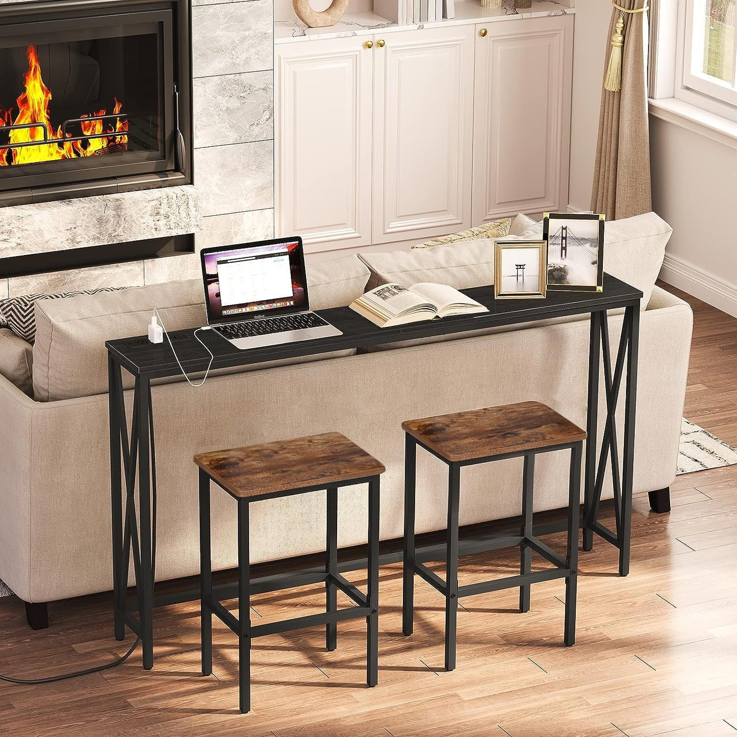 H JINHUI Bar Stools Set of 2, Industrial Style Breakfast Stool Chairs, Counter Height High Stools, Kitchen Bar Stools, 65cm High Seat, for Farmhouse, Living Room, Cafe Pub, Rustic Brown and Black