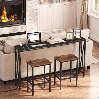 H JINHUI Bar Stools Set of 2, Industrial Style Breakfast Stool Chairs, Counter Height High Stools, Kitchen Bar Stools, 65cm High Seat, for Farmhouse, Living Room, Cafe Pub, Rustic Brown and Black
