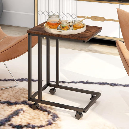 HAHRIR Coffee Table,Sofa Side Table with Wheels,C Shaped Snack Table Wood Finish Metal Construction ?Black+Brown?