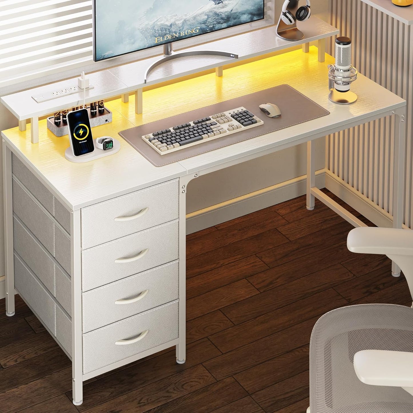 Huuger 63 Inch Computer Desk with Power Outlets and LED Lights, Gaming Desk with 4 Drawers, Office Desk with Monitor Stand, Study Desk Work Desk for Home Office, Black