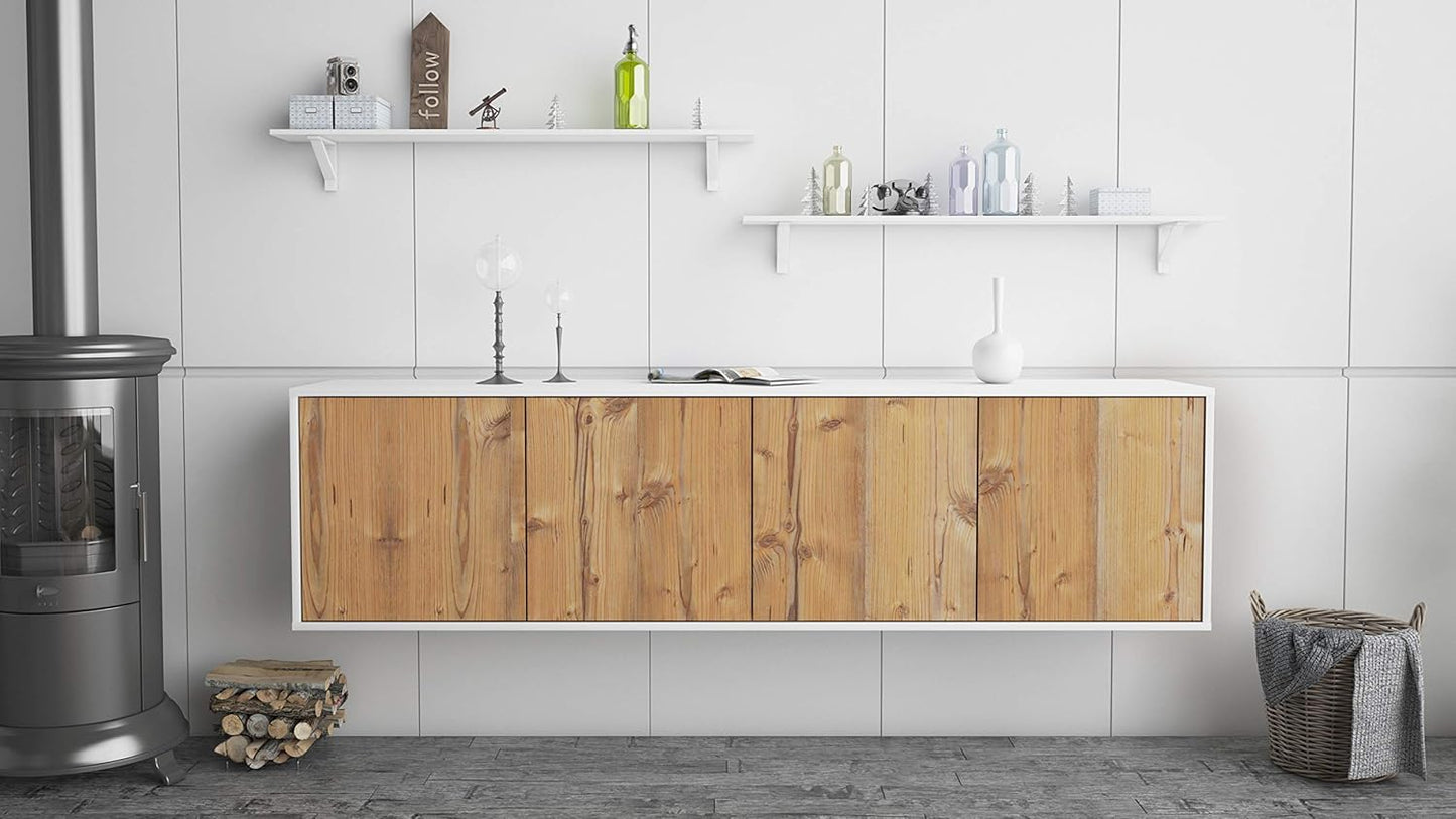 Dekati Lowboard Anaheim hÃ¤ngend (180x49x35cm) Korpus Weiss matt - Front Holz-Design Pinie - Push to Open