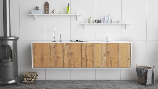 Dekati Lowboard Anaheim hÃ¤ngend (180x49x35cm) Korpus Weiss matt - Front Holz-Design Pinie - Push to Open