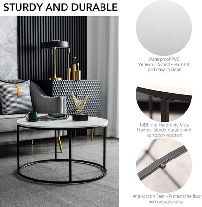 White Round Coffee Table for Living Room, Bedroom and Office, Modern Cocktail Table, Accent Side Sofa Table with Wooden Top & Metal Frame, Sturdy and Stylish, 31.5 Inch