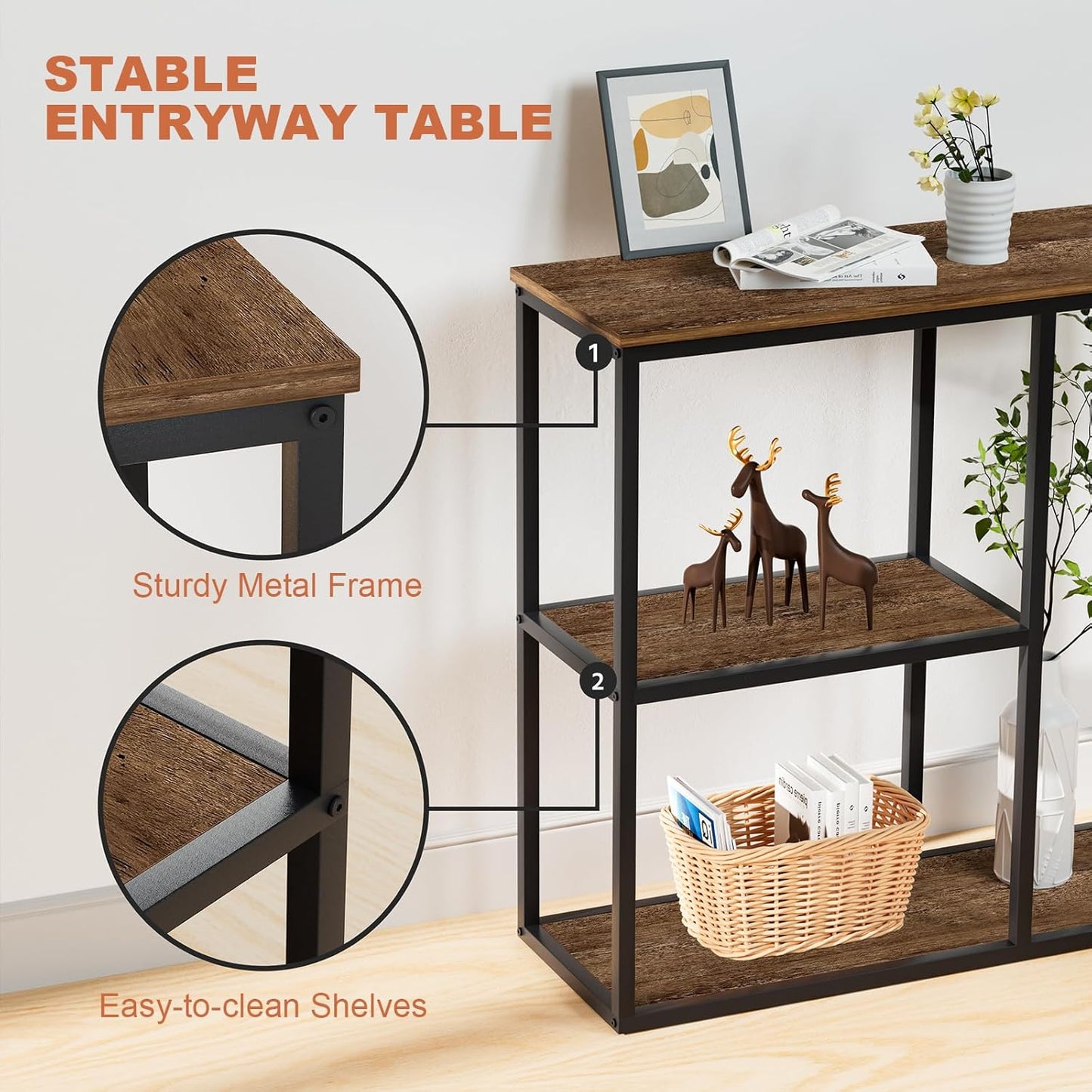 WOHOMO Console Table Small Entryway Table with Storage Shelves 30cm Narrow Sofa Table Modern Hallway Table for Living Room 80 x 30 x 80cm,Walnut