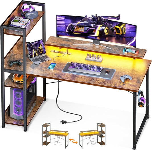 ODK Reversible Computer Desk with Power Outlets & USB Charging Port, 48 Inch Gaming with Storage Shelves and Monitor Stand, Modern Writing Study Desk for Small Space Bedroom