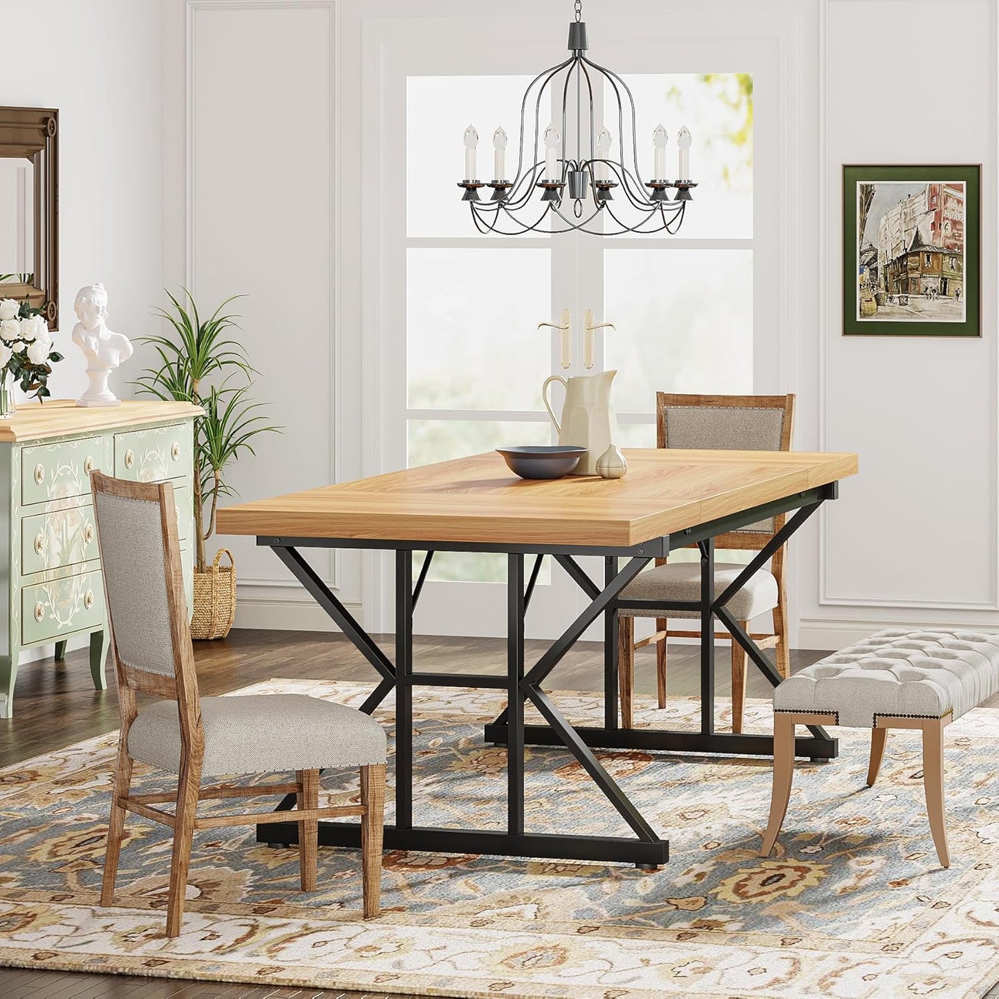 Tribesigns Farmhouse Dining Table for 6 People, 70.8-Inch Rectangular Wood Dining Table, Rustic Kitchen Table with Heavy Duty Metal Legs for Dining Room
