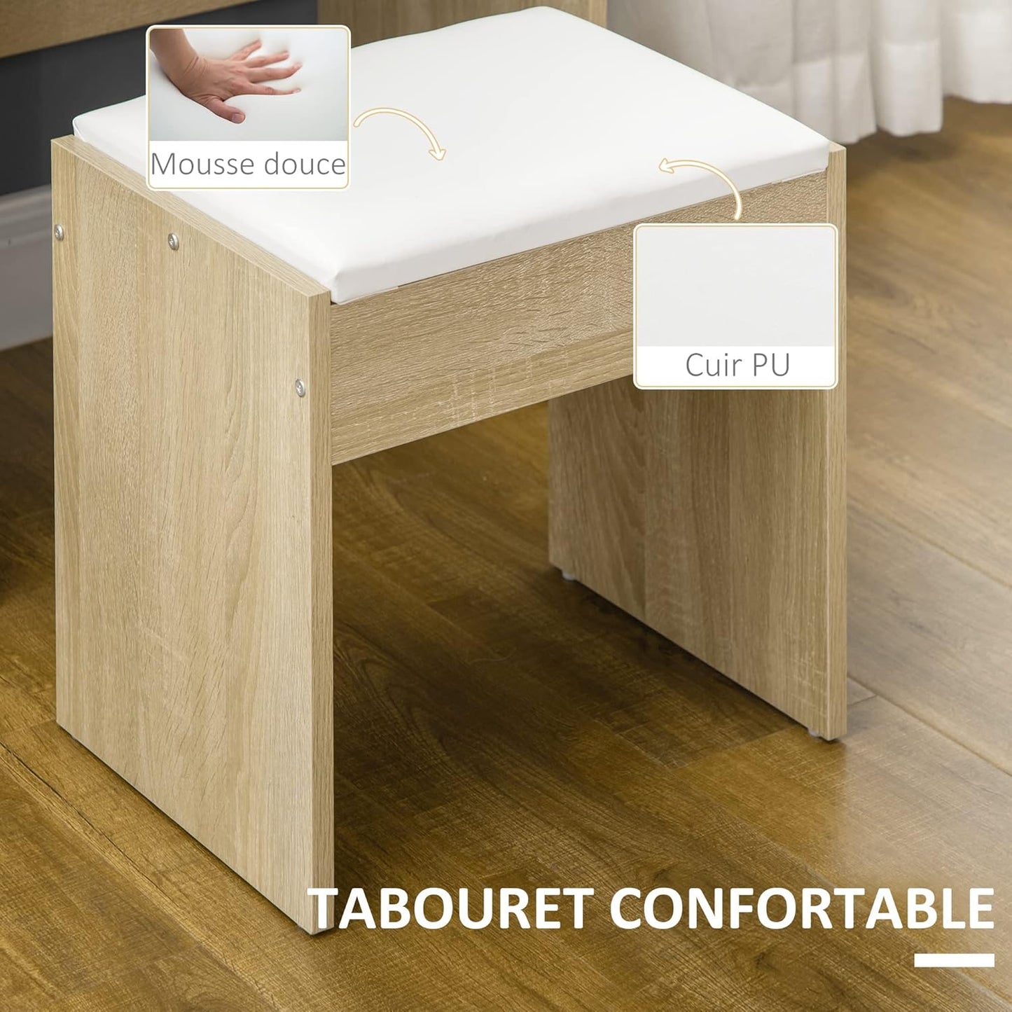 HOMCOM Dressing Table Makeup Table Set with Stool Padded Large Mirror + Multiple Open Shelves + 4 Drawers Natural Wood