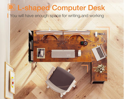 ODK 48 Inch Small L Shaped Gaming Computer Desk with Power Outlets, Reversible Storage Shelves & PC Stand for Home Office, Simple Writing Study Table with Storage Bag for Small Space, Vintage