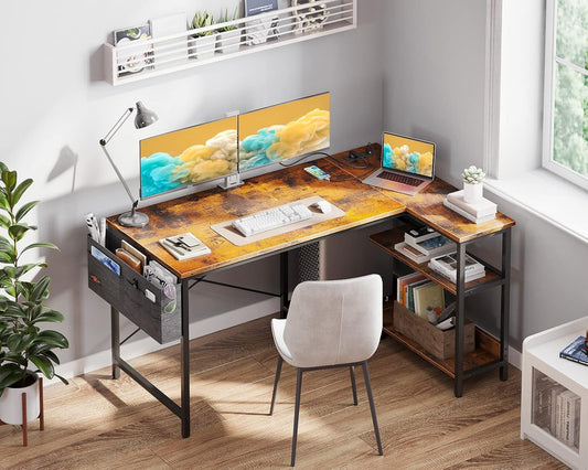 ODK 48 Inch Small L Shaped Gaming Computer Desk with Power Outlets, Reversible Storage Shelves & PC Stand for Home Office, Simple Writing Study Table with Storage Bag for Small Space, Vintage