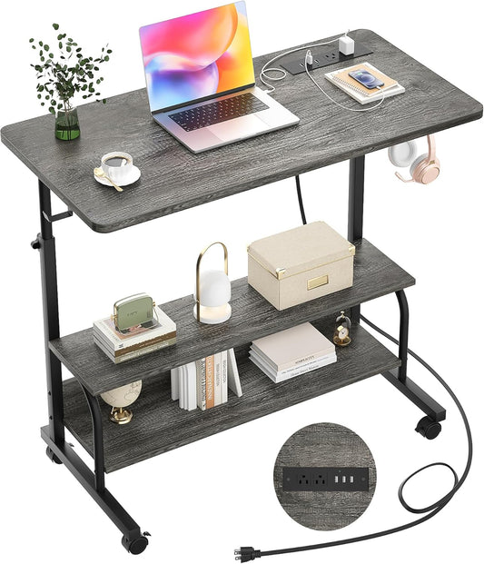 Height Adjustable Standing Desk with Power Outlets, 32" Manual Stand Up Desk with Storage Shelves Small Mobile Rolling Computer Desk Portable Laptop Table with Wheels for Home Office