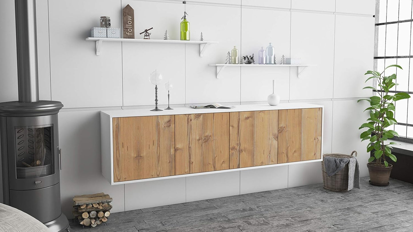 Dekati Lowboard Anaheim hÃ¤ngend (180x49x35cm) Korpus Weiss matt - Front Holz-Design Pinie - Push to Open
