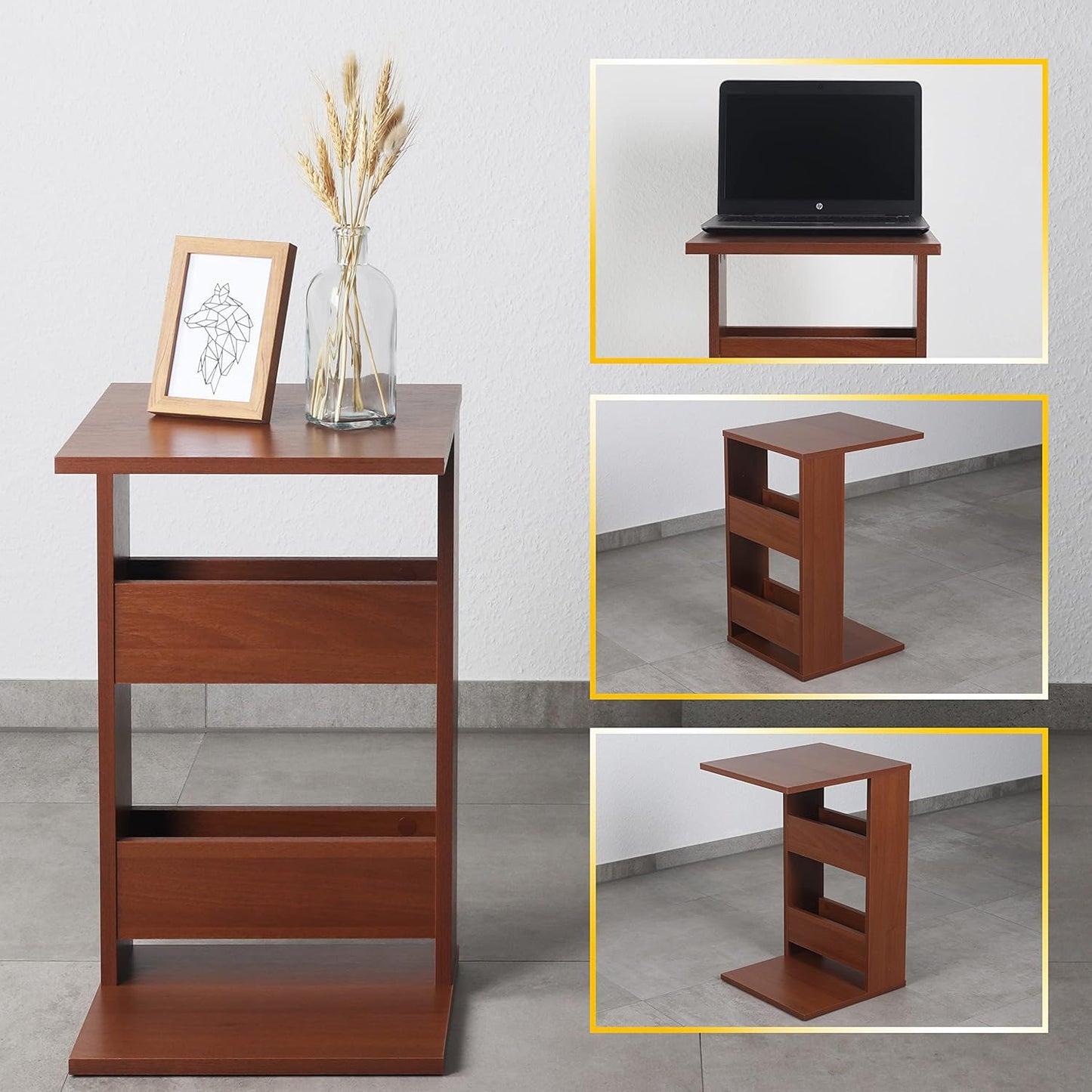 RICOO WM042-ER Small Side Table 35 x 60 x 40 cm C-Shape Oak Rustic Brown