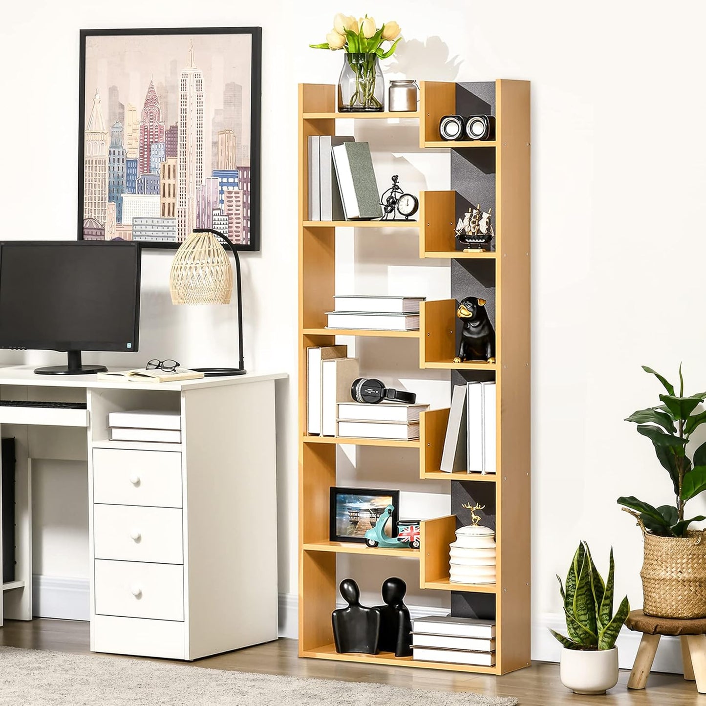HOMCOM 6-Tier Bookshelf, Modern Bookcase with 11 Open Shelves, Freestanding Decorative Storage Shelving for Home Office and Study, Natural