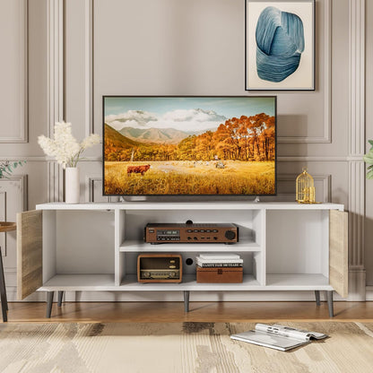 JUMMICO Mid-Century Modern TV Stand for 55/65 Inch TV, Entertainment Center with Storage Cabinet and Open Shelves, TV Media Cabinet for Living Room, Bedroom and Office (White and Oak, 65 Inches)