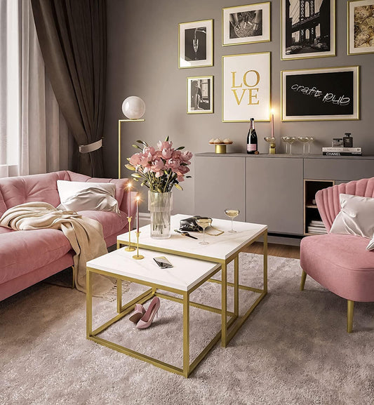 lukmebel Yoshi LEVANTO 2-in-1 Coffee Table Set of Two Tables Metal Base Matt Square Worktop 60 x 60 x 42 70 x 46 cm Gold and Levanto Marble