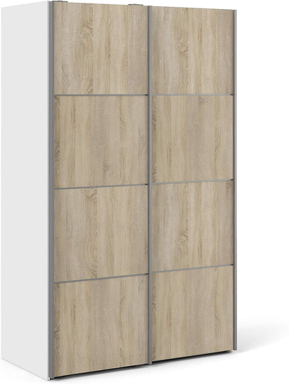 Furniture To Go | Verona Sliding Wardrobe 120cm in White with Oak Doors with 5 Shelves