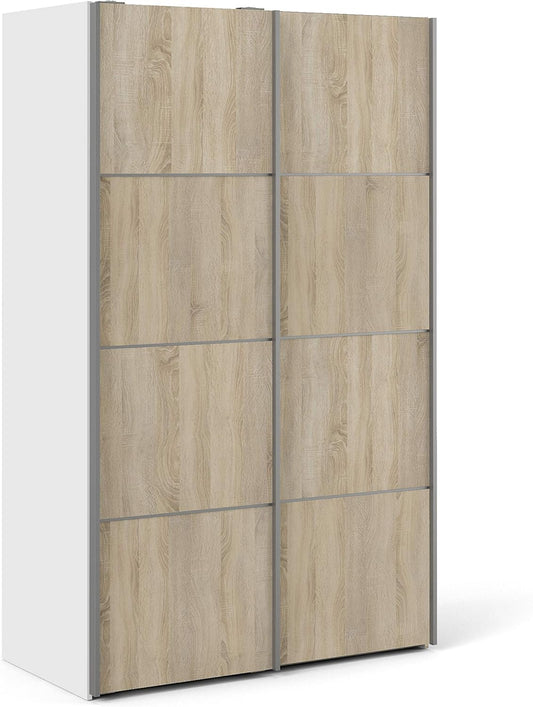 Furniture To Go | Verona Sliding Wardrobe 120cm in White with Oak Doors with 5 Shelves