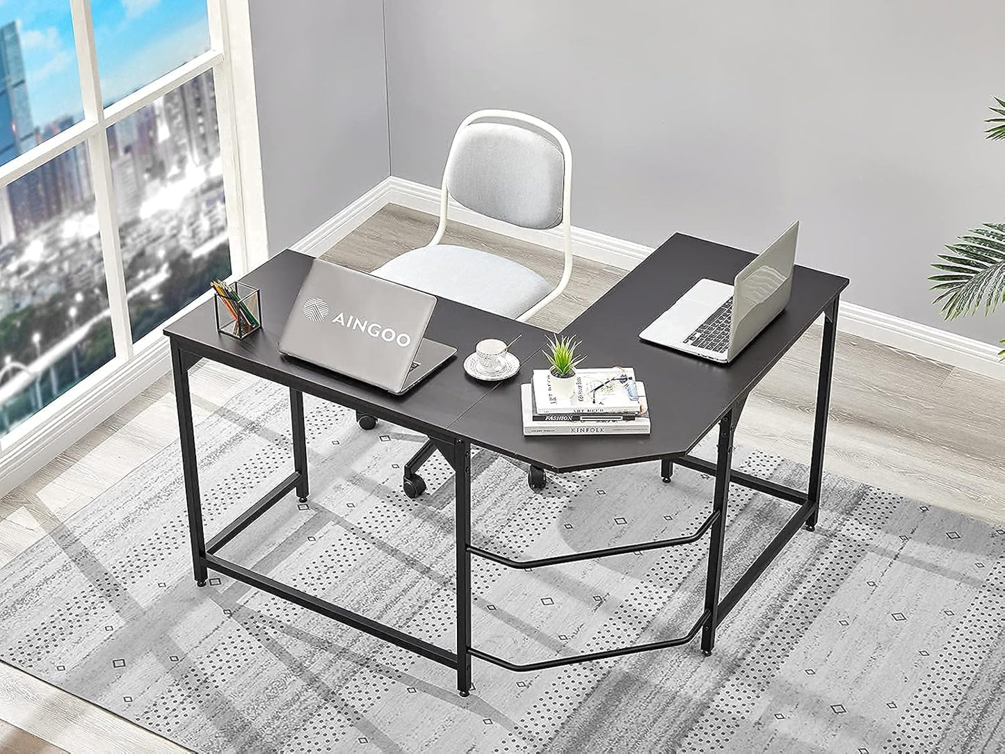 Aingoo Corner Desk L Shaped Desk Sturdy Home Office PC Laptop Workstation Gaming Computer Desk Study Writing Table 128 * 108 * 75CM Easy to Assemble Simple Design, Black