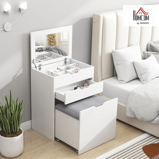 HOMCOM Dressing Table with Stool, Dressing Table Set, Cosmetic Table with Mirror and Drawers, Dressing Table with Tilt Protection, Dressing Table for Bedroom, White, 60 x 40 x 114 cm