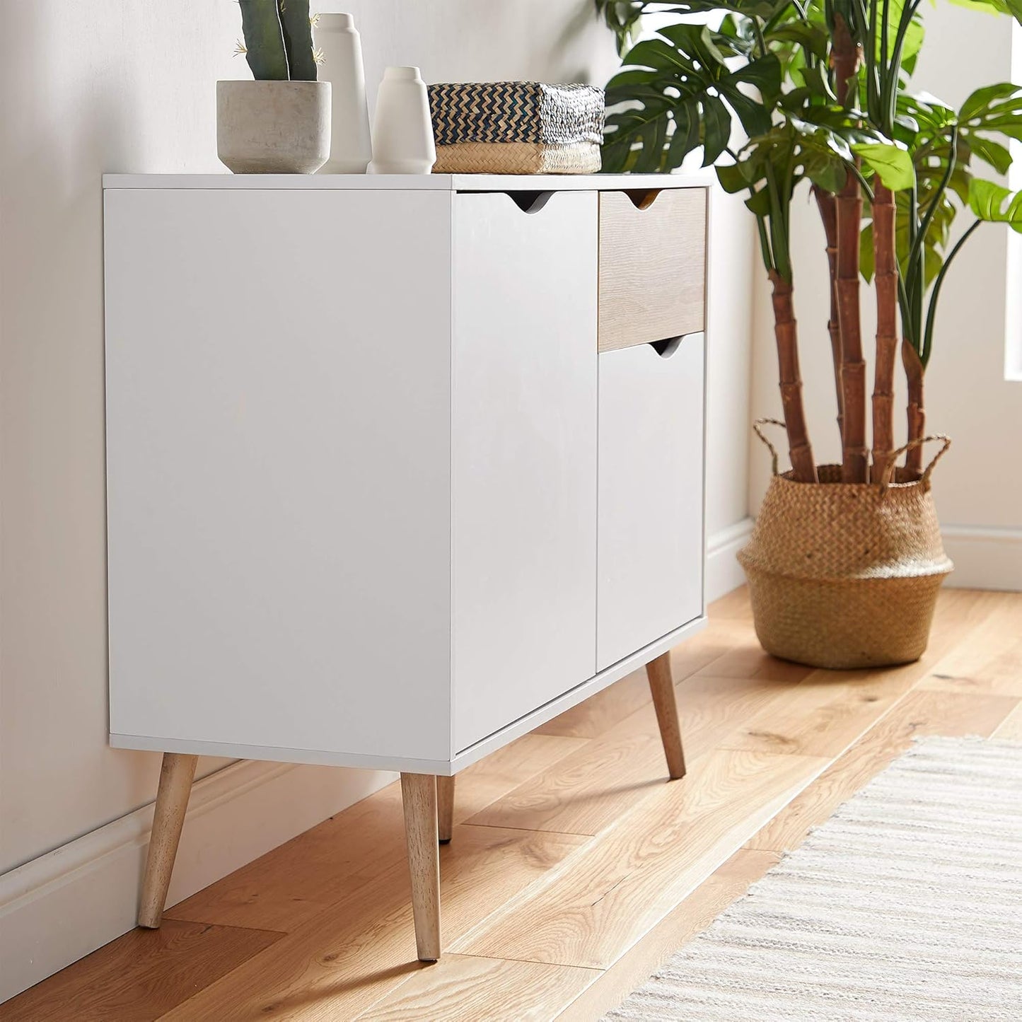 VonHaus Sideboard White & Oak Effect - Small Compact Sideboard Cabinet with 3 Storage Drawers & Cupboards – Nordic Scandi Style Furniture with Tapered Legs - Living Room, Lounge, Home Office & Hallway