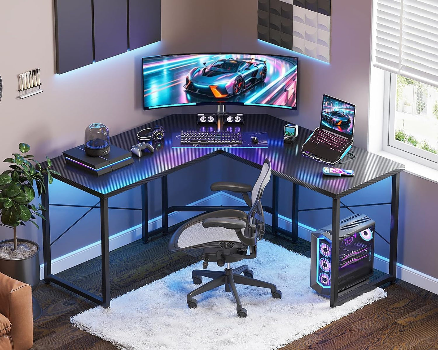 ODK l Shaped Gaming Desk 51inch, Carbon Fiber Surface, Black