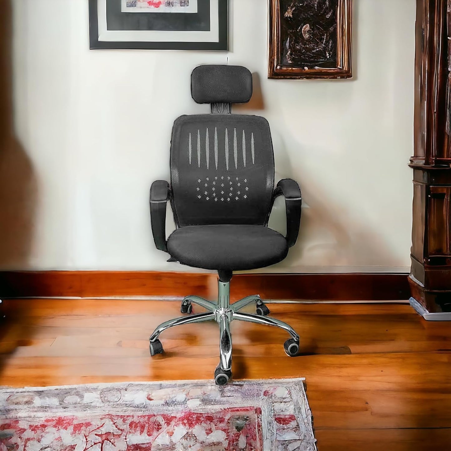 Comfortable Mesh Office Chair with Headrest, Adjustable Height, Black, bY wood desk