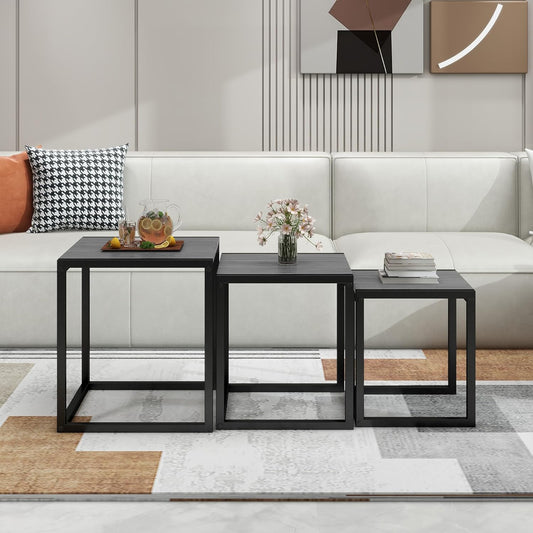 HAHRIR Nesting Table Set of 3 Side Tables, Modern Coffee Table Stacking End Table with Metal Frame (A-Square, Grey)