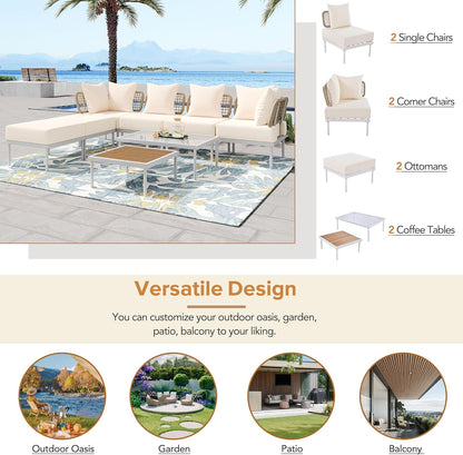 Ampela 8-Piece Sectional Sofa Tempered Wooden & Glass 2 Coffee Table/2 Single Ottomans/2 Corner Chairs,All-Weather Conversation Set for Outdoor Oasis,Garden,Patio,Poolside,Beige