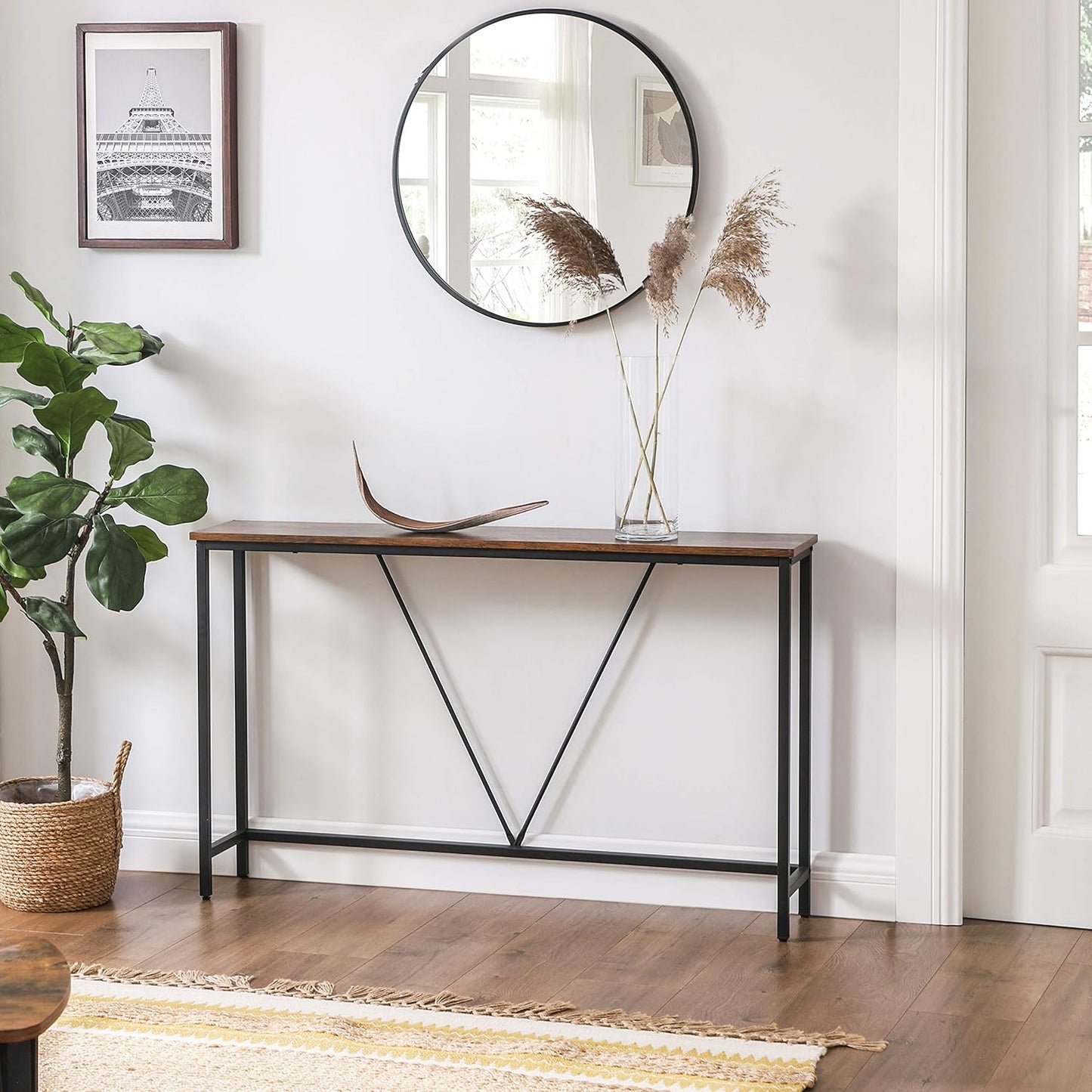 Vasagle Table, Console Table with Sturdy Steel Structure for Entrance Living Room Bedroom Industrial Style Vintage Brown and Black, 120 x 23 x 74 cm (W x D x H)