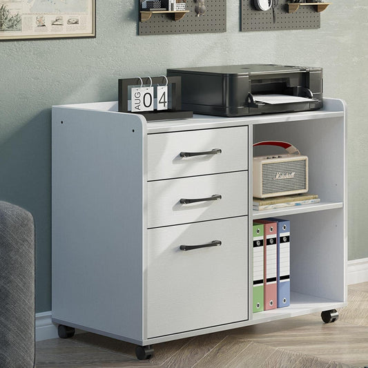 Rolanstar File Cabinet 3-Drawers, Mobile Lateral Printer Stand with Open Storage Shelf, Rolling Filing Cabinet with Wheels for A4/Letter Size,White