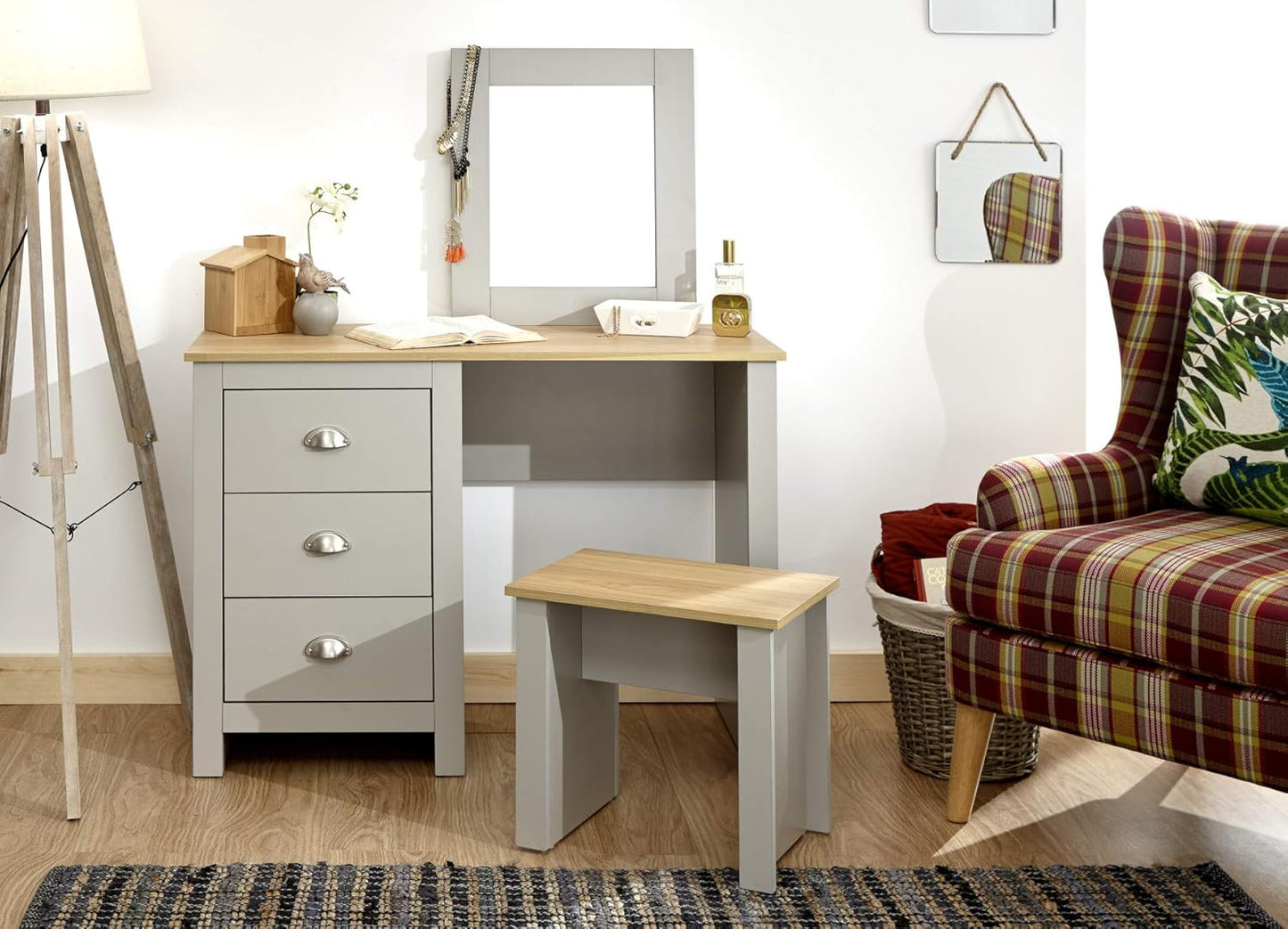 Home Source Grey Dressing Set with Mirror and Stool Jewellery Table, 3 Drawer