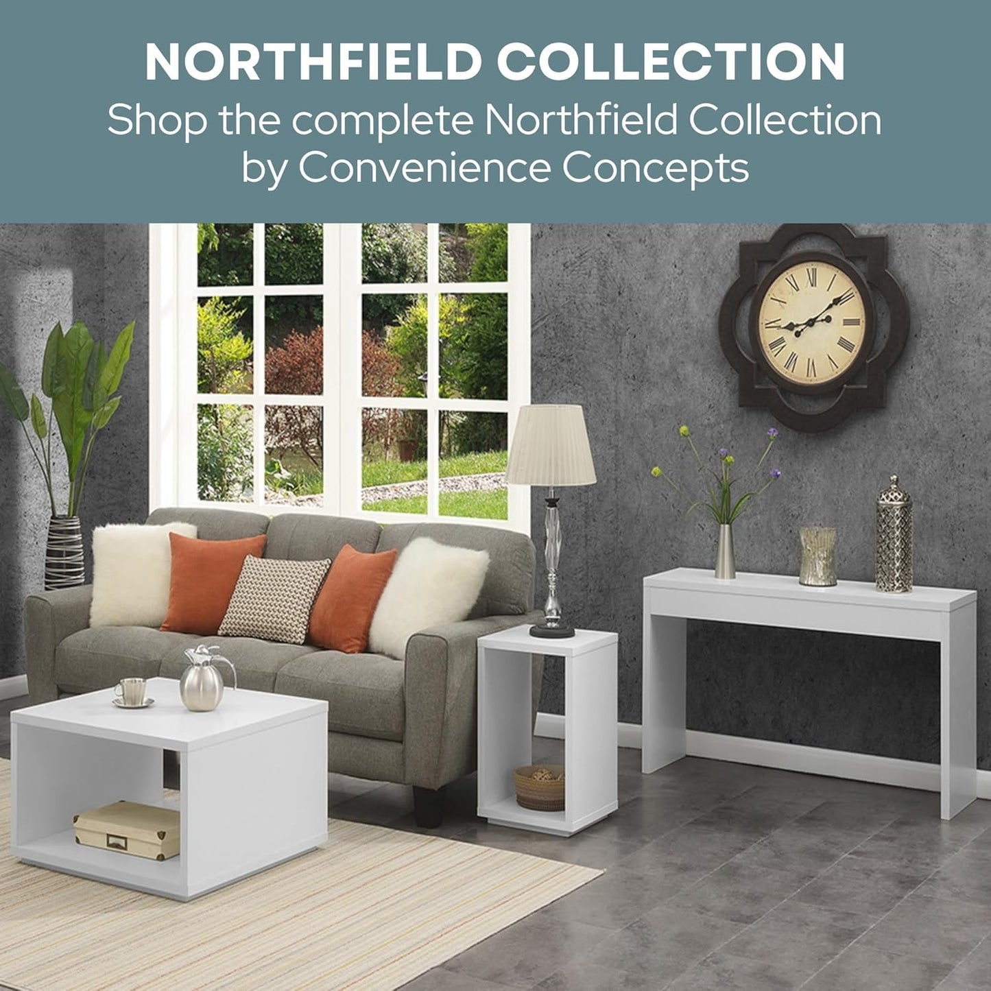 Convenience Concepts Northfield Console Table 48" - Contemporary Desk, Entryway, or Vanity Table for Hallway, Living Room, Office, White