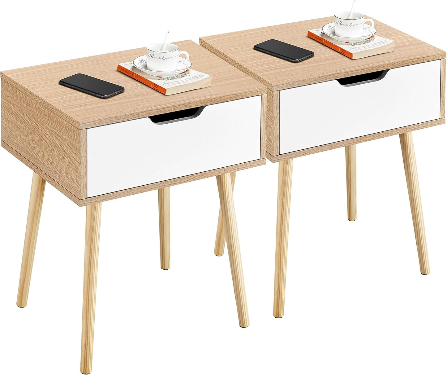 Yaheetech Bedside Table, Set of 2, Side Table, Bedside Table with Drawer, Wooden Legs, Sofa Table, Bedside Cabinet, Box Spring Bed, Bedside Table for Bedroom/Living Room, Light Brown