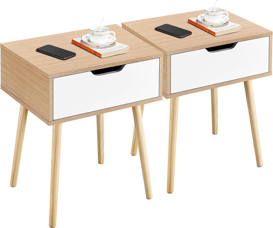 Yaheetech Bedside Table, Set of 2, Side Table, Bedside Table with Drawer, Wooden Legs, Sofa Table, Bedside Cabinet, Box Spring Bed, Bedside Table for Bedroom/Living Room, Light Brown