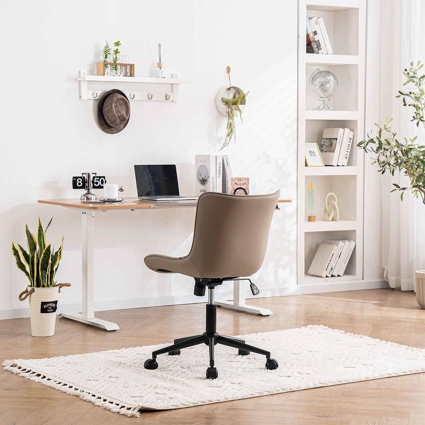 YOUNIKE Modern Office Chair Desk Chair for Home Office, Leather Padded Seat Adjustable Height Computer Chair for Compact Space, Small Swivel Task Chair with Rocking Mid Back, Khaki