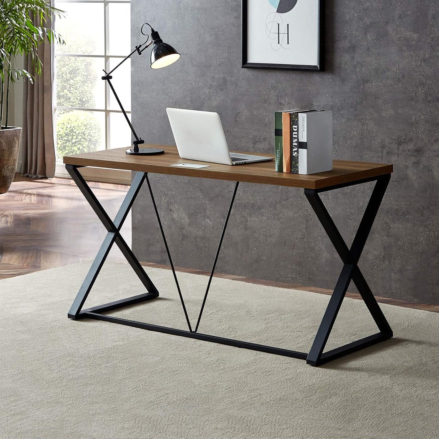 dyh Computer Desk, Rustic Wood and Metal X Writing Desk, Wood Table for Home Office, 55 inch