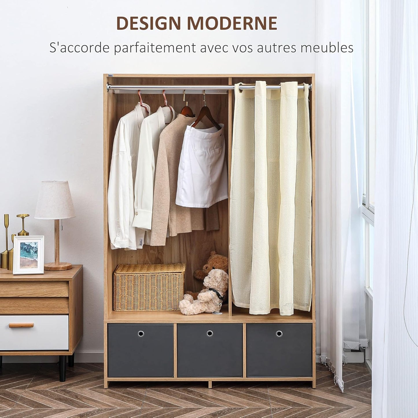 HOMCOM Wardrobe Storage with Rod Curtain 3 Removable Fabric Drawers 105 x 48 x 160 cm Natural
