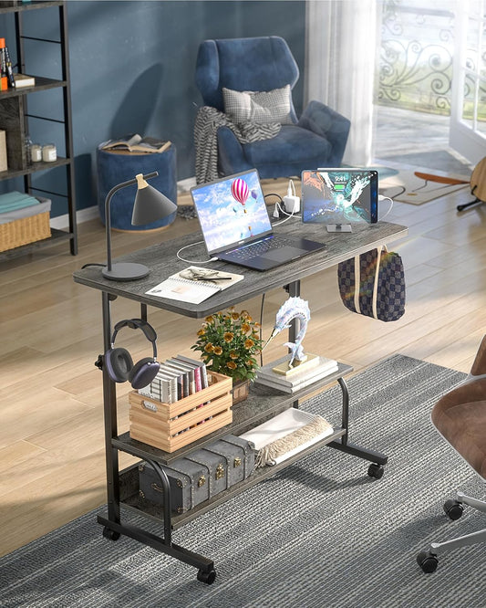 Height Adjustable Standing Desk with Power Outlets, 32" Manual Stand Up Desk with Storage Shelves Small Mobile Rolling Computer Desk Portable Laptop Table with Wheels for Home Office