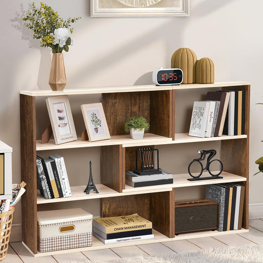 ABOUT SPACE Book Shelf for Home Library-Rectangle/L-Shaped Rack for Storage 6 Compartment Book Stand Shelf for Bedroom, Livingroom Decor, Plants and Books (Oak White&Walnut-L128 x B30 x H85 cm)