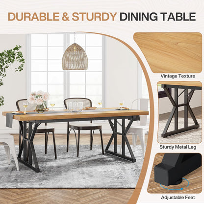 Tribesigns Farmhouse Dining Table for 6 People, 70.8-Inch Rectangular Wood Dining Table, Rustic Kitchen Table with Heavy Duty Metal Legs for Dining Room