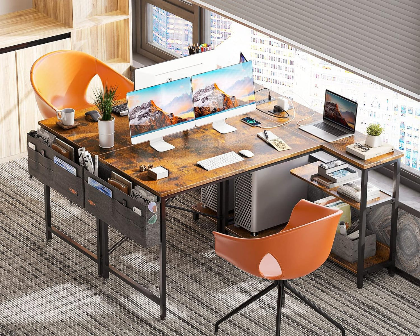ODK 48 Inch Small L Shaped Gaming Computer Desk with Power Outlets, Reversible Storage Shelves & PC Stand for Home Office, Simple Writing Study Table with Storage Bag for Small Space, Vintage