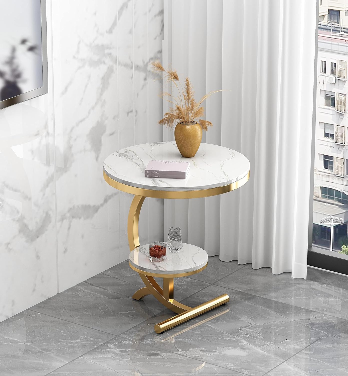 LYLY Nordic Living Room Coffee Table - Balcony & Corner Sofa Table, Stainless Steel, Small & Round Glass Top