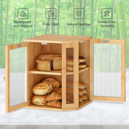 HOOBRO Bamboo Bread Box, Kitchen Countertop Corner Bread Box, Large Capacity 2-Tier Bread Box, Bread Storage Container with Dual Rippled Acrylic Doors, for Kitchen Food Storage, Natural YL12MB01
