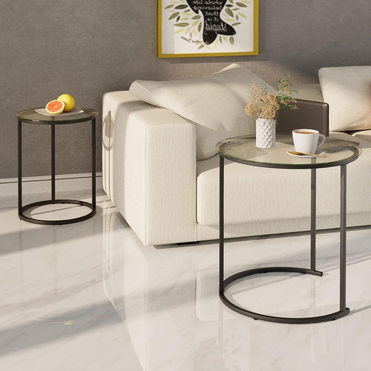 Azheruol Nesting Coffee Table Set of 2,Modern Black Tempered Glass Side Table, Metal Frame Round End Table.Small Glass Tea Table for Living Room,Bedroom Studio Apartment Essentials? 23.2In