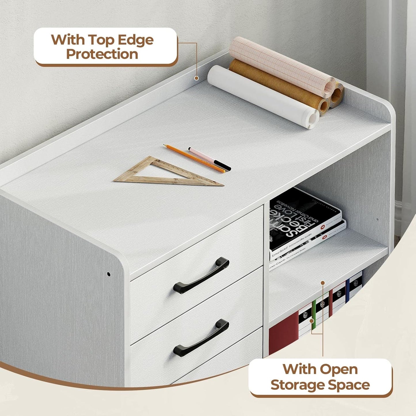 Rolanstar File Cabinet 3-Drawers, Mobile Lateral Printer Stand with Open Storage Shelf, Rolling Filing Cabinet with Wheels for A4/Letter Size,White